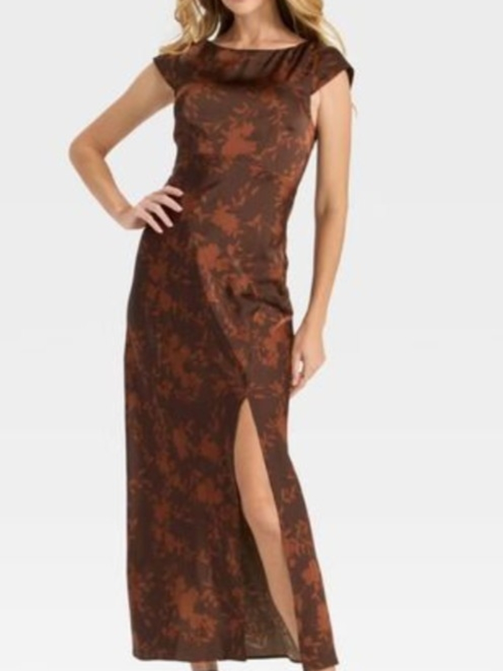Sleek Summer Brown & Orange Floral Maxi Dress with Side Slit Multiple Sizes